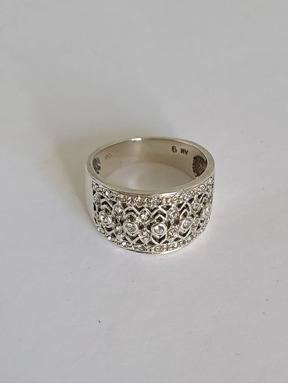 Elegant Sterling Silver CZ Rhinestone Crystal Filigree Chunky Wide Band Ring 6 - Picture 13 of 15